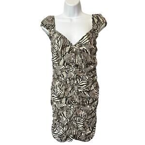 WILFRED Aritzia Veda Ruched Mini Dress Animal Print Black Cream Sz 2 Sexy VNeck